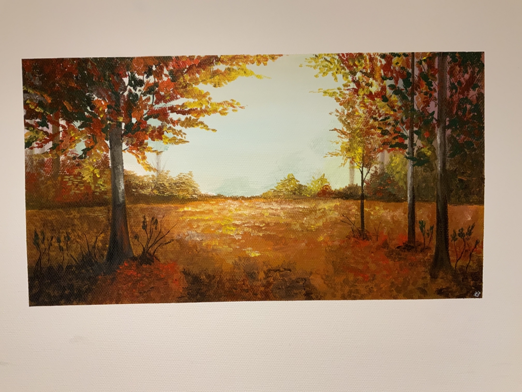 Muurschildering herfst bos met bladeren op de grond en bomen